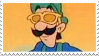 A stamp depicting Luigi as a DJ wearing yellow sunglasses from an episode of the Super Mario Super Show.